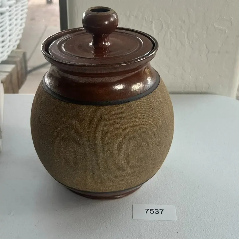 Art Studio Pottery Handmade Stoneware Lidded Storage Jar Artist Signed Brown Vtg